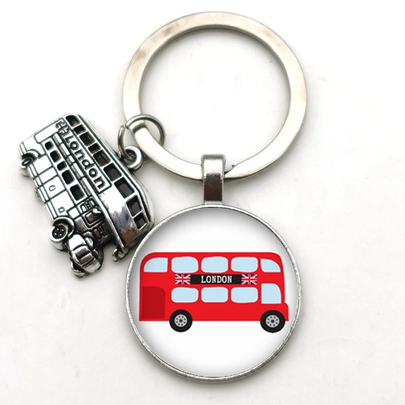 The New 2020 Vintage London Bus Keychain Bronze Bus Pattern Glass Convex Round Keychain London souvenirs DIY Jewelry Gift