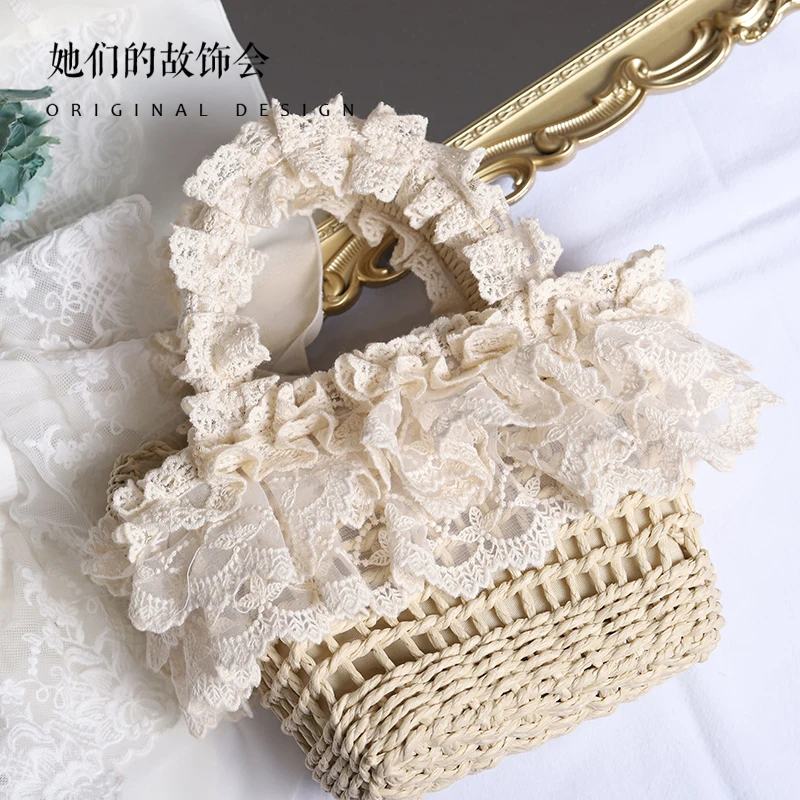 Straw Handbag Original Handmade Lolita French Pastoral Style Lace Edge Soft Girl Mori Style Beach Woven Bag Female