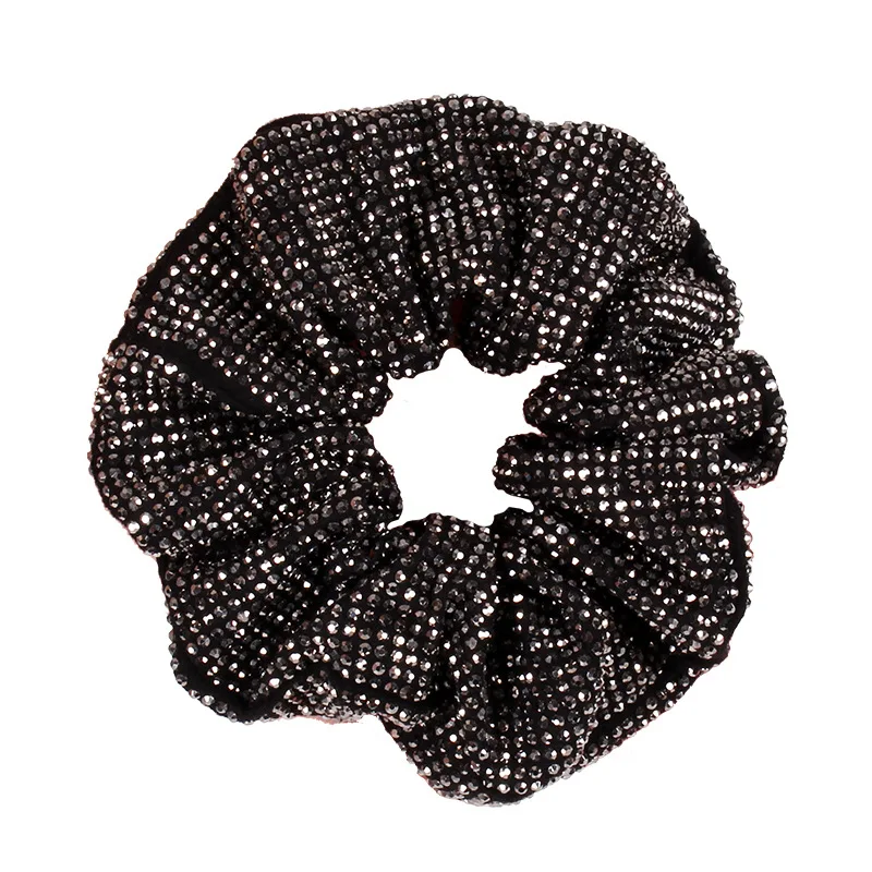 Fashion Rhinestone  Women Silk Scrunchie Elastic Handmade Hair Black Band Ponytail Holder Headband Hair Accessories