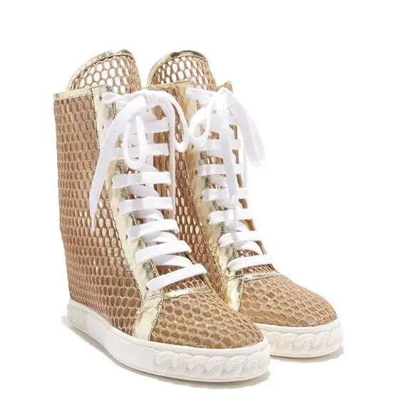 

Fashion Woman Golden and Goldust Hollow Out High Top Ironic Sneakers Round Toe Lace Up 8 cm Hidden Wedge Nylon Net Short Boots