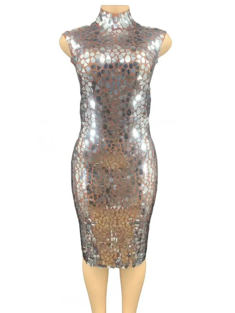 Women New Sexy Shining Silver Sequins See Through Dress Birthday Celebrate Perspective Stretch Dress Stage Costume Dance Outfit