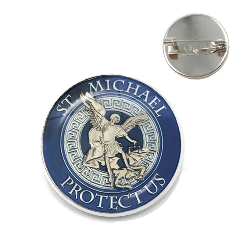 1pcs 25mm Glass Cabochon Brooch Archangel St.Michael Protect Me Saint Shield Protection Charm Russian Orhodox Collar Pin Jewelry