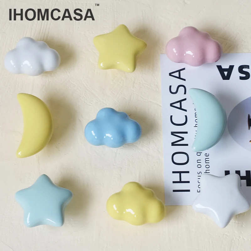 IHOMCASA Ceramic Clouds Stars Moon Hook And Handle Children\'s Room Knobs Furniture Dresser Drawer Knob Wall Cabinet Door Handles