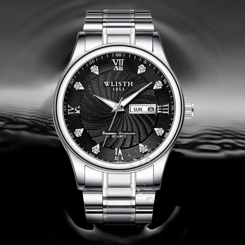 Wlisth casal relógio luminoso à prova dwaterproof água casual diamante duplo calendário negócio relógio de quartzo para homem reloj hombre