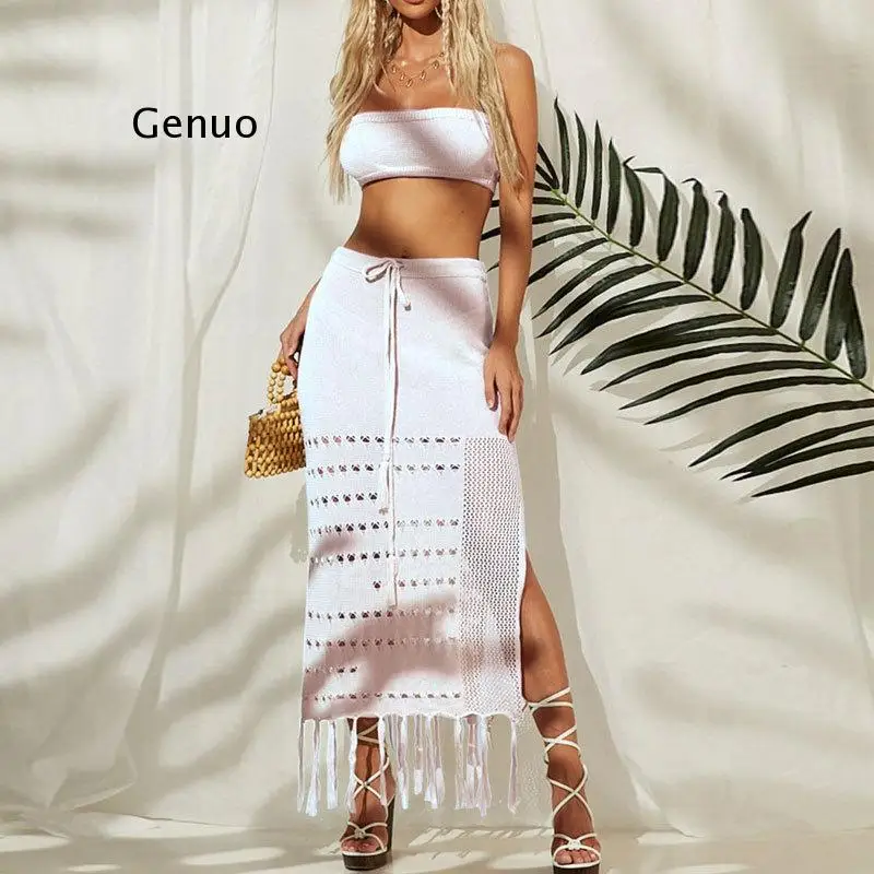 Crochet Maxi Dresses for Women 2 Piece Crop Top Side Split Skirt Set Beach Outfits Long Dress