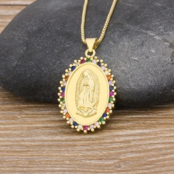 AIBEF High Quality Rainbow CZ Stone Virgin Mary Necklaces Pendant Copper Chain Christian Jewelry Women Christmas Birthday Gift