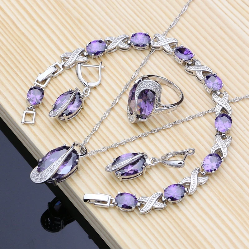 Natural Purple Amethyst White Topaz Silver 925 Jewelry Set Gemstone Birthstone Exquisite Lady Earring Ring Necklace Fashion Kit