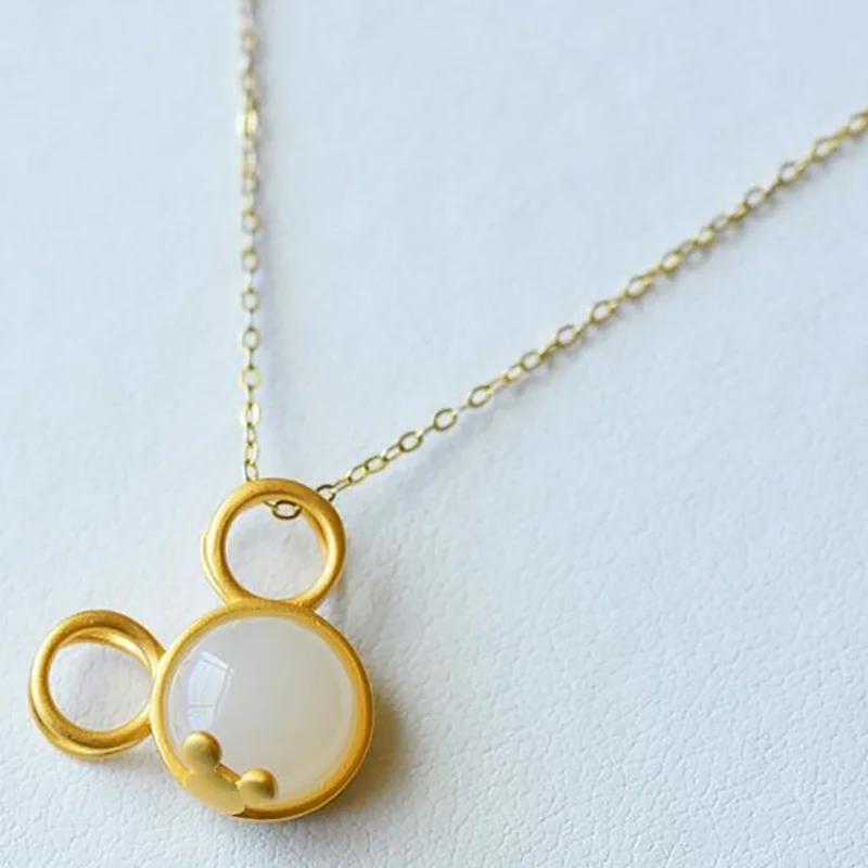 sNew silver inlaid natural Hetian white jade pendant necklace Mickey sweet and cute shape feminine charm charming brand jewelry