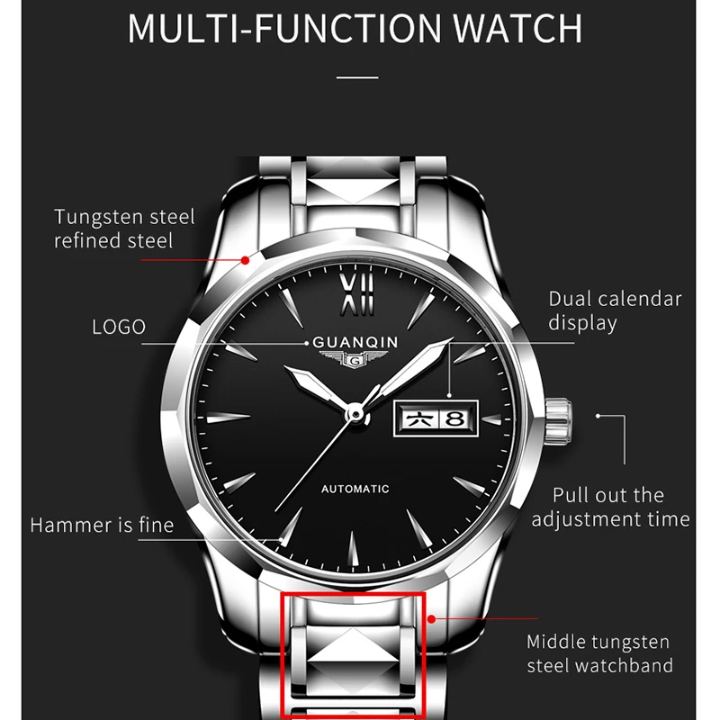 GUANQIN Men\'s Watch Japanese Automatic Mechanical NH36 Sapphire Movement Men\'s Waterproof Watch Montre Homme Stainless Steel