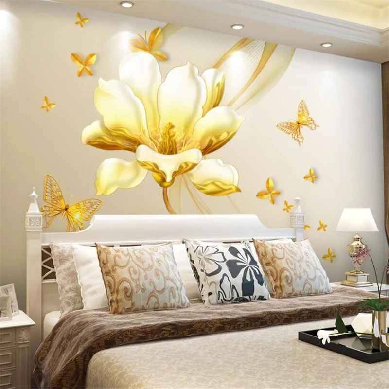 

wellyu Custom large mural 3D three-dimensional metal relief butterfly magnolia TV background wall wallpaper Papel de parede