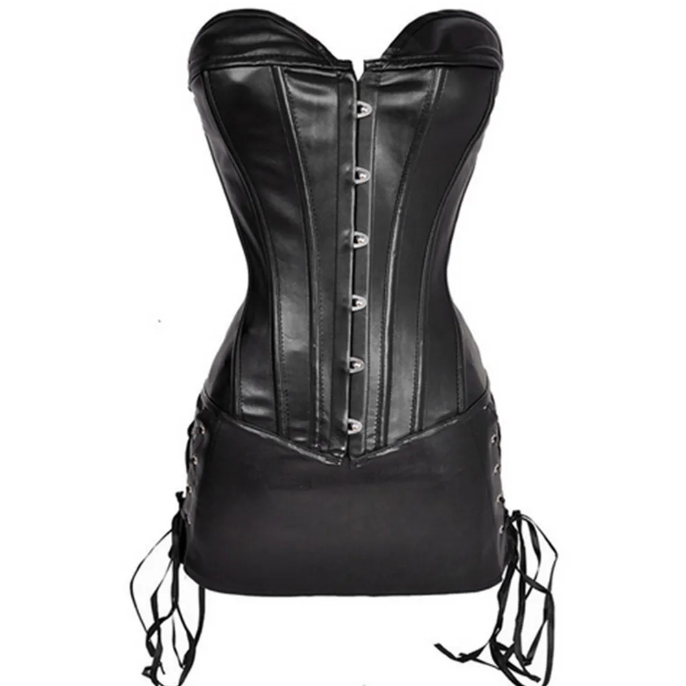 

Women Steampunk Bustier Corset Dress Plus Size Push Up Faux Leather Corselet Gothic Punk Corsets With Mini Skirt Set