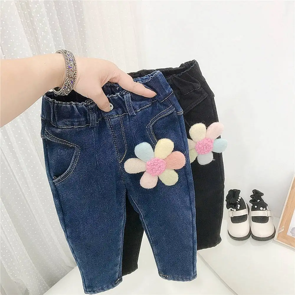 Children Jean Flower patchwork Girls Kid Princess Jeans Pant Warm Winter Children Baby Flower Velvet Thicken Long Pants Trousers