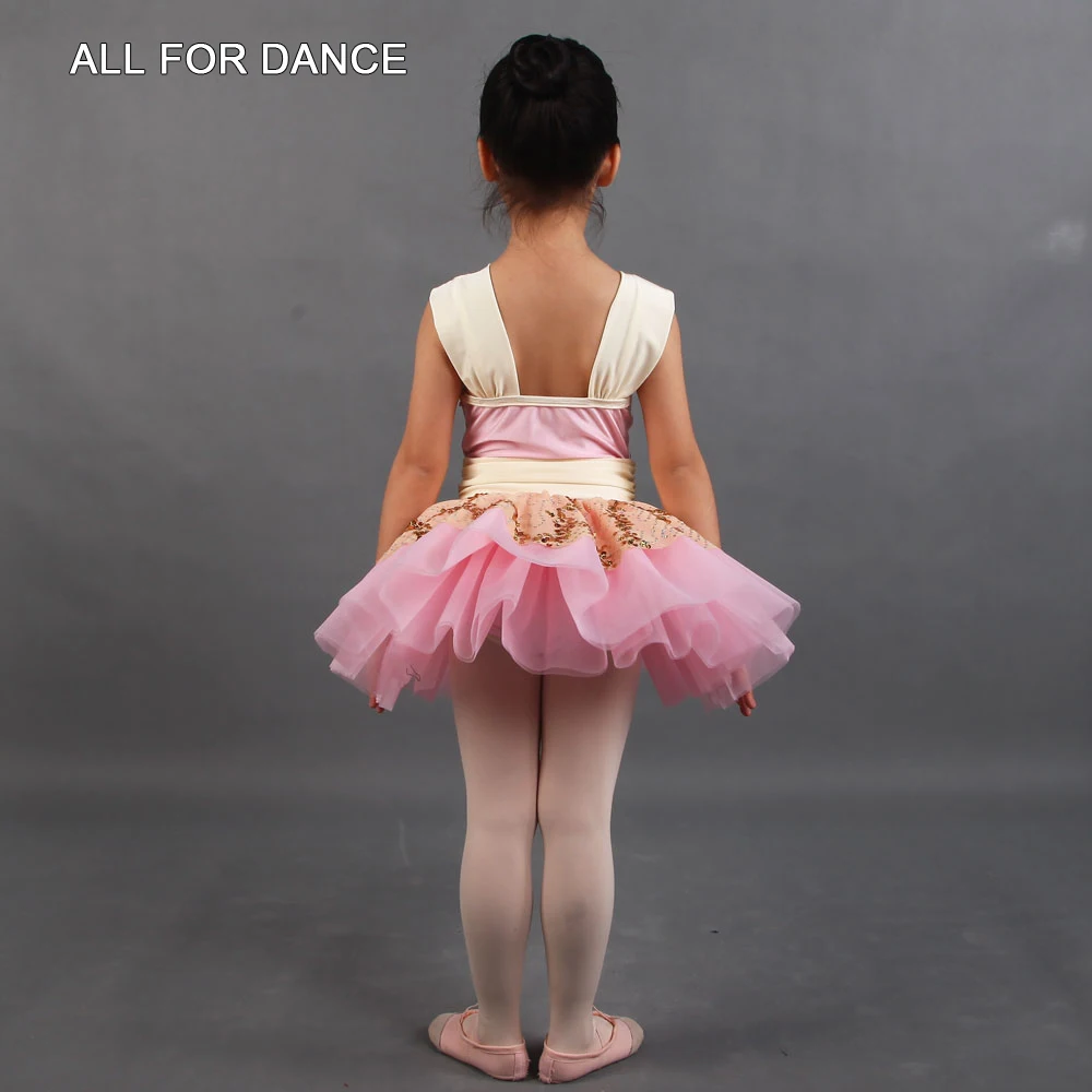 20129 Ivory Sequin Net With Pink Spandex Top Ballet Dance Skirt For Little Ballet Girl Stage Performance Dance Dress