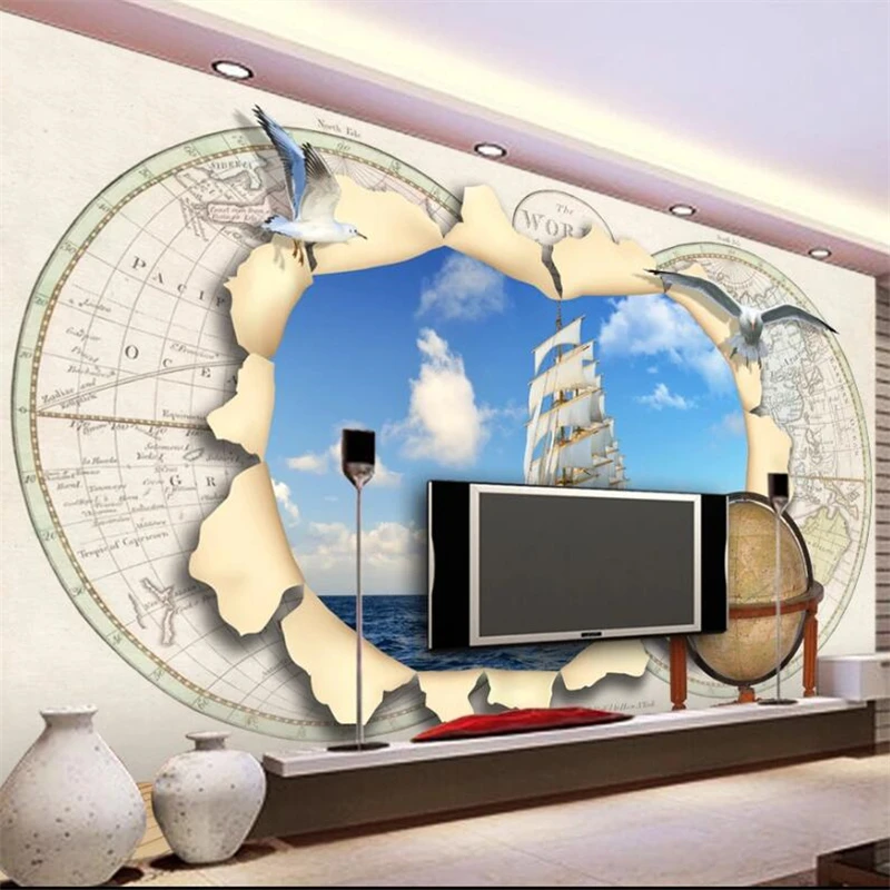 

wellyu Custom large wall painter with European map 3d Roman column globe seagull TV background wall wallpaper papel de parede