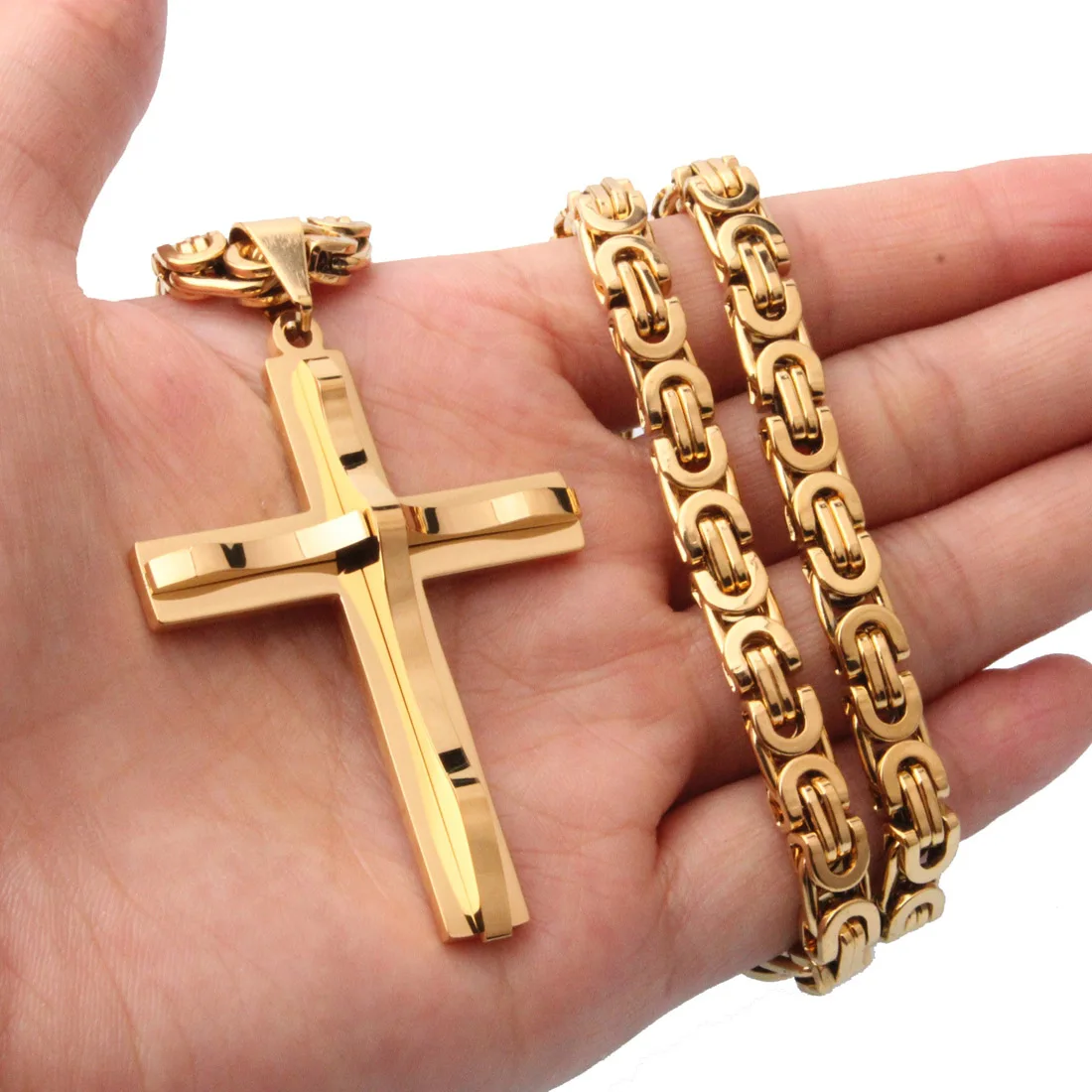 6mm Wide Link Byzantine Chain Choker Necklace for Father Gold Color Heavy Men Necklace Christian Cross Collar Jewelry