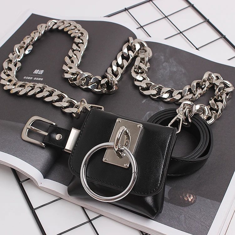 2020 Brand Design Wide Chain Mini Fanny Packs Black Pu Leather Waist belt With Coin Bag Punk Street Ring Waist Packs Chest Bag