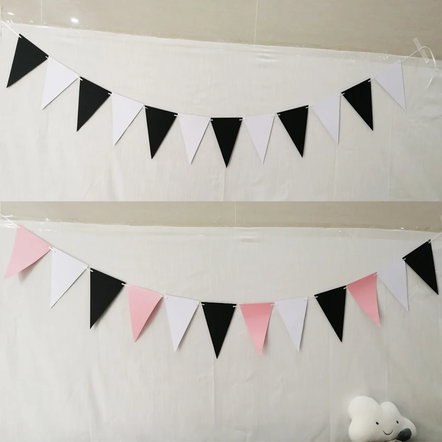 New Solemn White Silver Black Paper Bunting Pennant Triangle Flag Banner Garland Wedding/Birthday/Baby Show Party Decoration