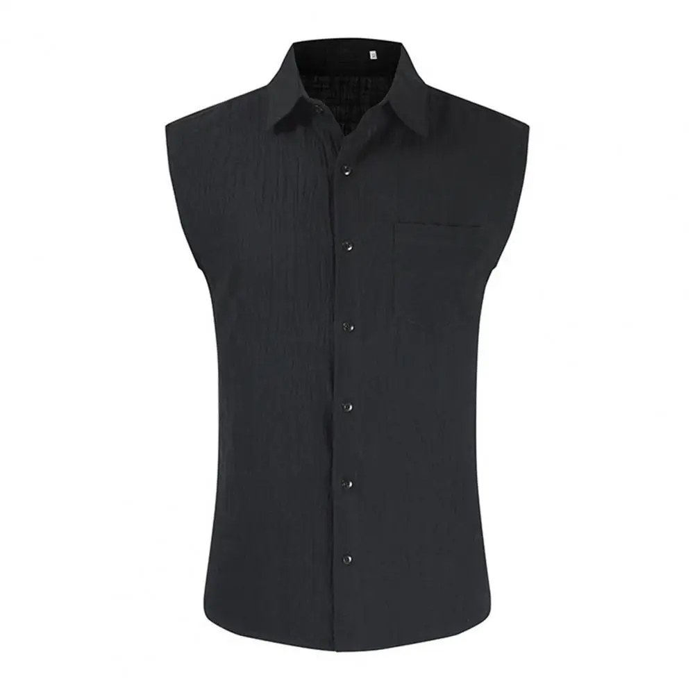 Men Shirt Single-Breasted Solid Color Summer Sleeveless Lapel Top قمصان وبلوزات