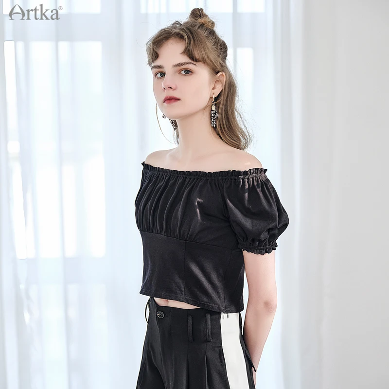 

ARTKA 2021 Summer New Women T-shirt 100% Cotton Fashion Casual O-Neck T-shirt Ruffle Short Sleeve Black Tops T-shirts TA22317X