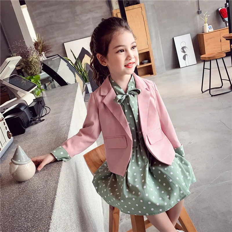 New children\'s clothing girls baby spring and autumn clothes girls casual blazer solid color dot dress cloth set suit