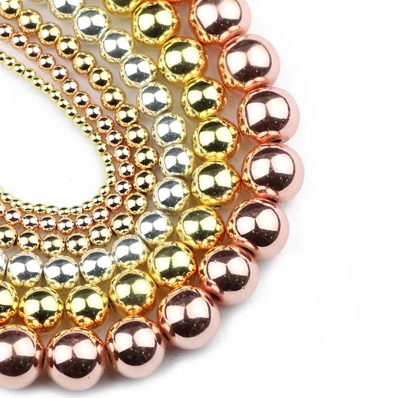 YHBZRET Gold Color Hematite beads Natural Stone Spacer 2/3/4/6/8/10mm Round Loose beads for Jewelry making bracelet&necklace DIY