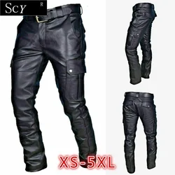 Pantaloni da moto in pelle da uomo con tasche Cargo, neri, pantaloni da moto in pelle senza cintura