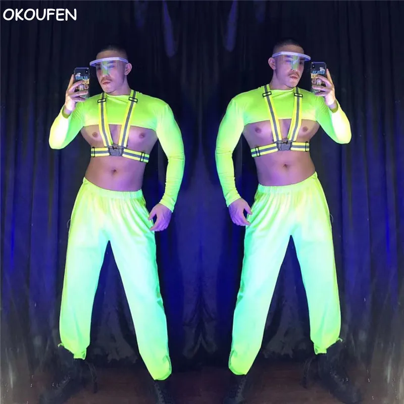 

Fashion New Men's Fluorescent Green Straps Costumes Suits Bar Male Singer DS hip-hop Jazz Dance Clothing Stage Performance Wear