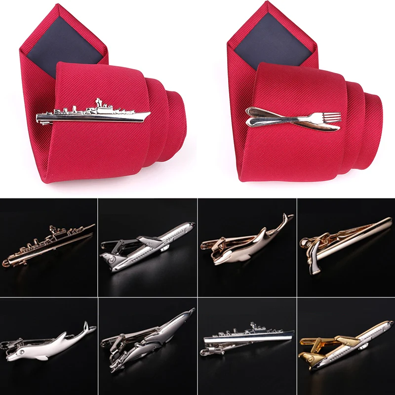 Men Tie Clips Cute Steamship Dolphin Airplane Tableware Shape Tie Bar Wedding Party Pin Jewelry Cufflinks High Grade Mens Gifts