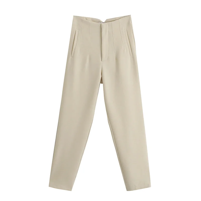 TRAF donna 2021 pantaloni bianchi pantaloni estivi da donna pantaloni Beige a vita alta pantaloni da ufficio rosa moda pantaloni neri abbottonati