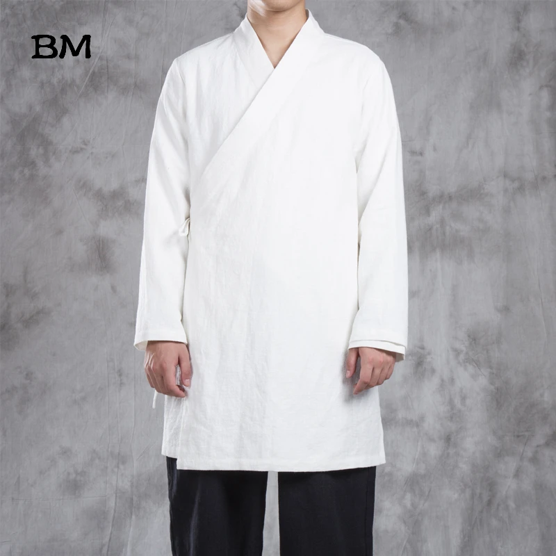 Costume Tang pour jeunes hommes, chemise chinoise améliorée, style rétro, veste en lin, longue section, robe cardigan, 2020