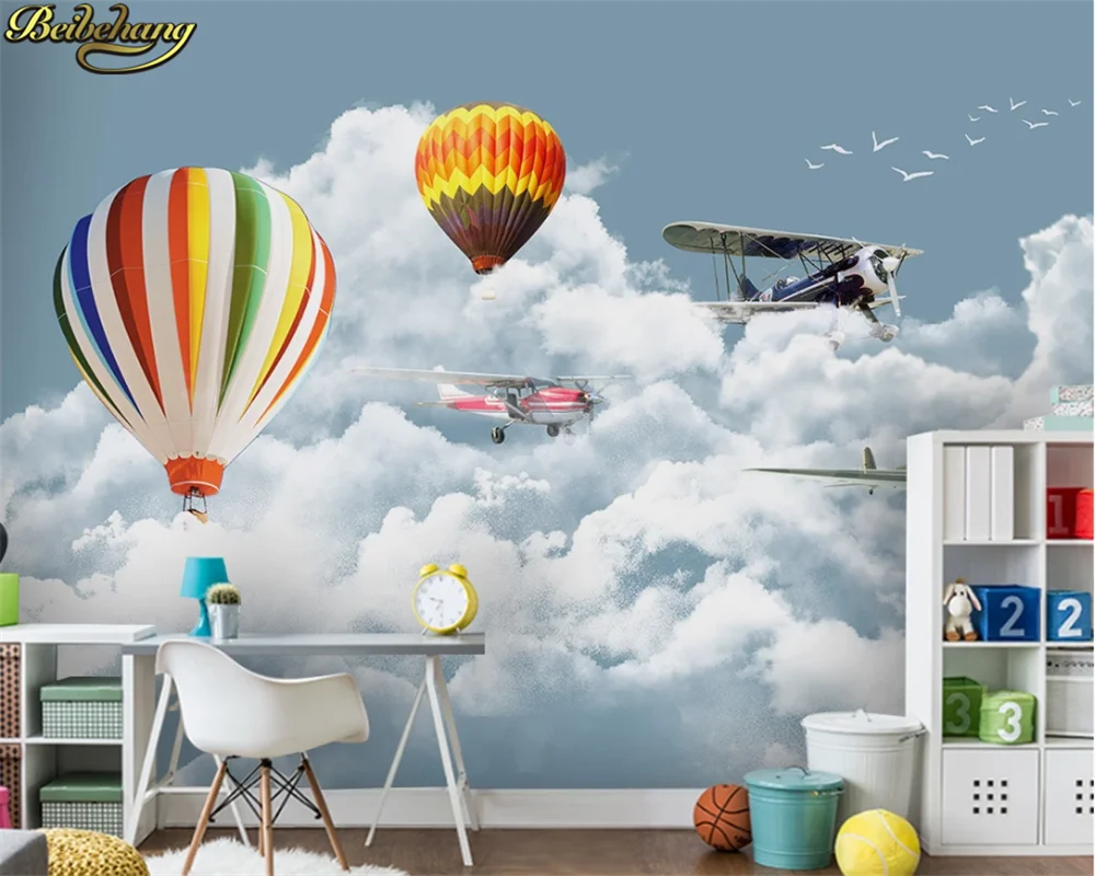 Custom 3d wallpaper mural modern minimalist blue sky white cloud airplane balloon children room background wall paper