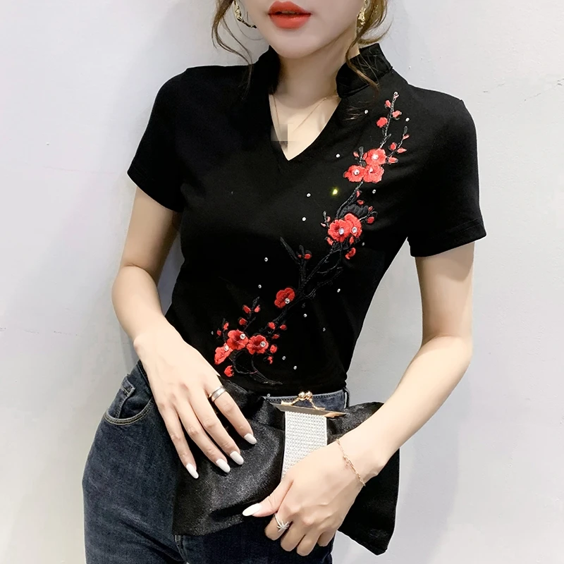 Summer Fashion Folk Clothes T-Shirt Sexy Patchwork Embroidery Diamonds Women Tops Ethnic Bottoming Shirt Tees 2022 New T02005