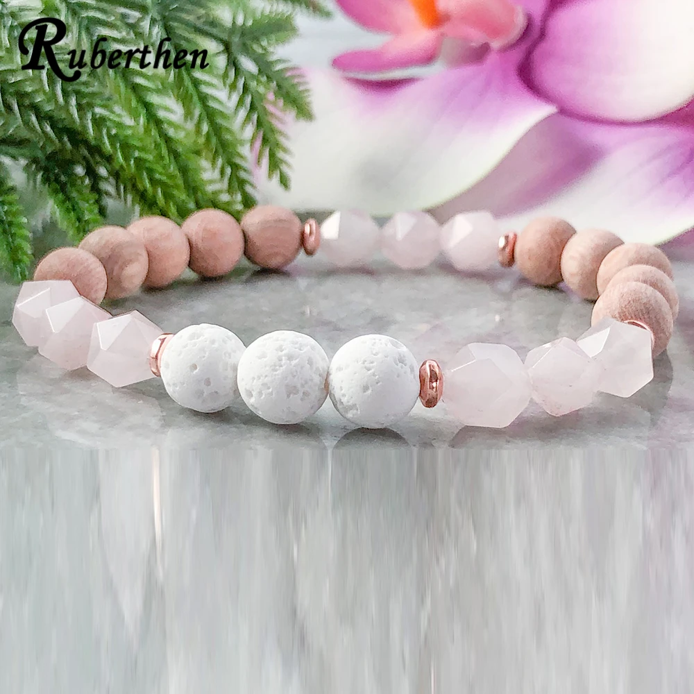 Ruberthen Cutted Rose Quartz Lava Stone Bracelet Natural Rosewood Beaded Bracelet Essential Oil Diffuser Energy Bracelet