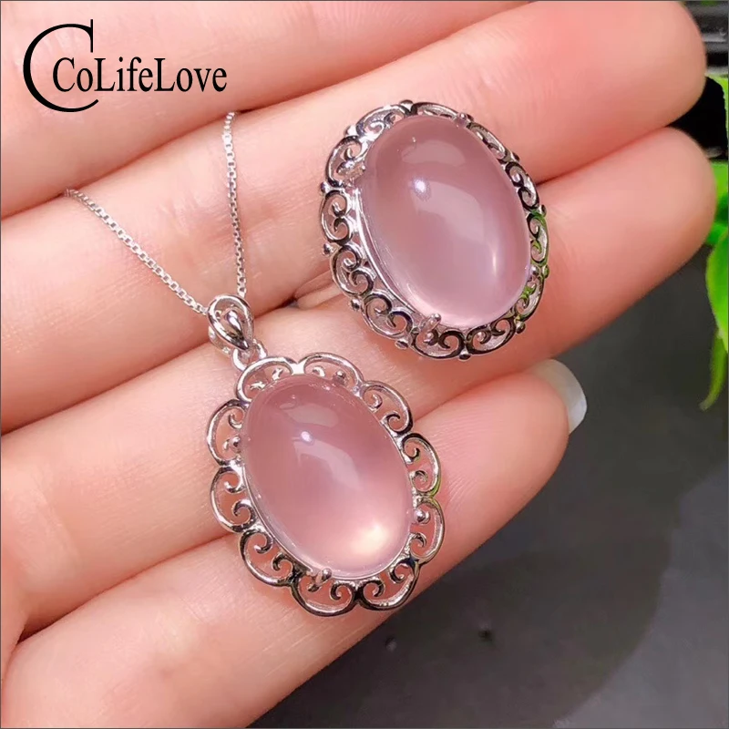 

CoLife Jewelry Natural Rose Quartz Jewelry Set for Evening Party 13*18mm Rose Quartz Jewelry Set 925 Silver Big Gemstone Jewelry