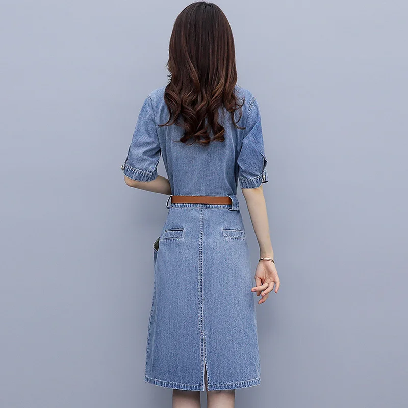 New Summer Ladies Sweet Single Breasted Denim Dress OL Style Short Sleeve Mid Dress Street Multi-Pockets Lapel Casual Dress