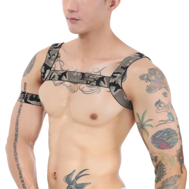 Arnés de camuflaje para hombre, lencería Sexy para el pecho y el cuerpo, disfraz de Bondage con correa elástica, banda para el brazo, ropa de