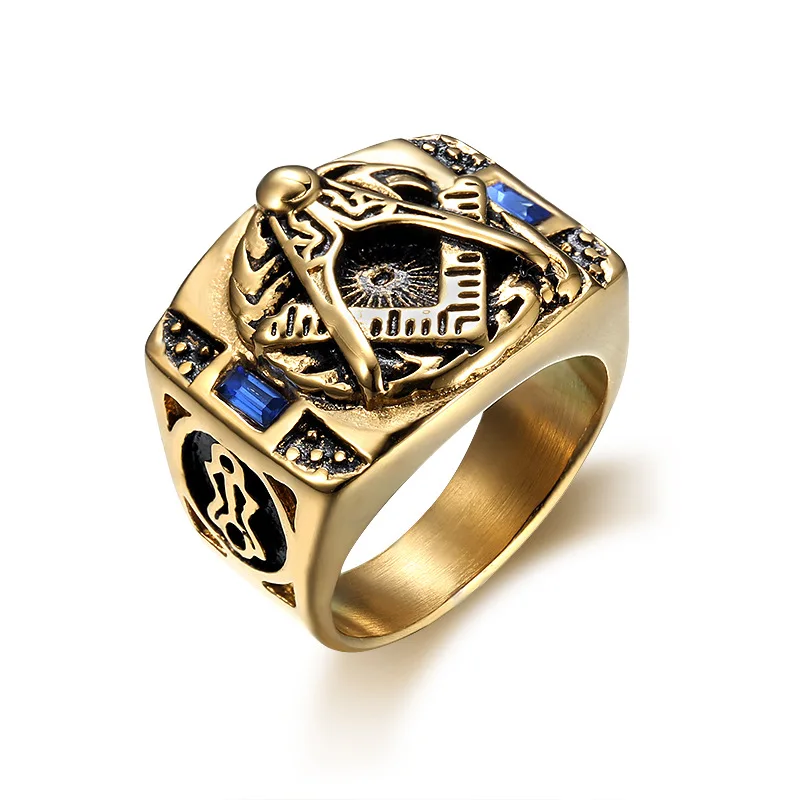 Blue Glass Stone Masonic Rings Stainless Steel A G Free-Mason Rings Men Jewelry Gift US Size 7-14 Dropship Wholesale R728G