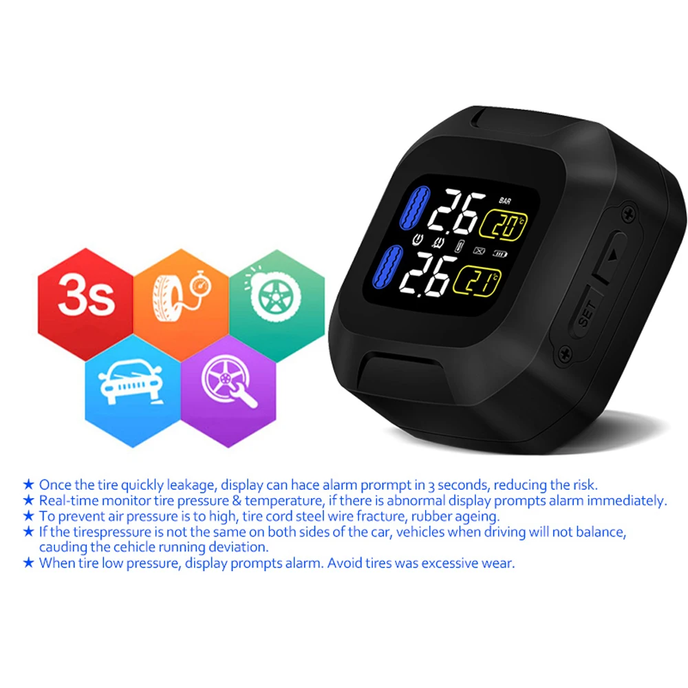M3 Waterproof Motorcycle Real Time Tire Pressure Monitoring System TPMS Wireless LCD Display External Sensors