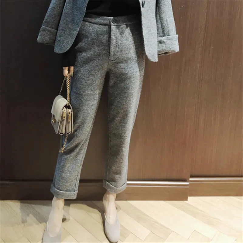 Plaid Woolen Pants Women's Autumn Winter Cropped Trousers High Waist Simple Commuter Flanging Harem Pants Women Bottoms Pants