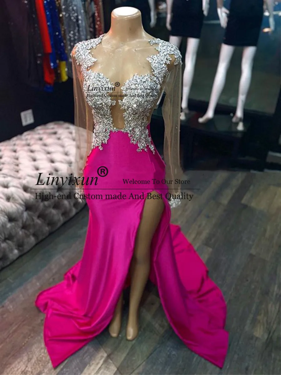 

Long Sleeve Mermaid High Slit African Women Prom Dresses Hot Pink Black Girls Evening Party Gowns Custom Made robes de soirée