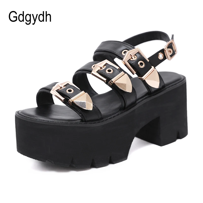 Gdgydh Sexy Gold Buckle Chunky Heel High Platform Sandals for Women Punk Goth Shoes Backless Ankle Strap Open Toe