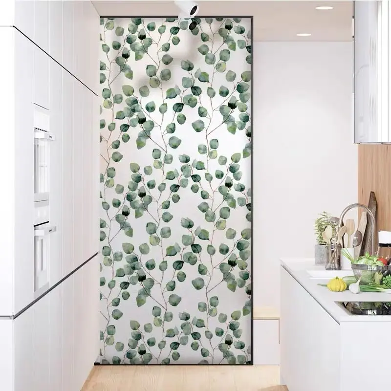 Custom Size Static Cling Stained Glass Window Film Green Leaves Privacy Non-adhesive UV Blocking For Bathroom Home Office Decor
