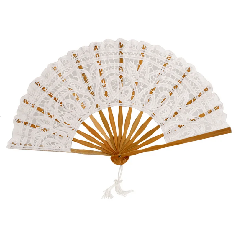 Ameliebridal European Fashion Embroidery Wedding Party Events Gifts Handmade Bamboo Cotton Fan Wedding Battenburg Lace Fan