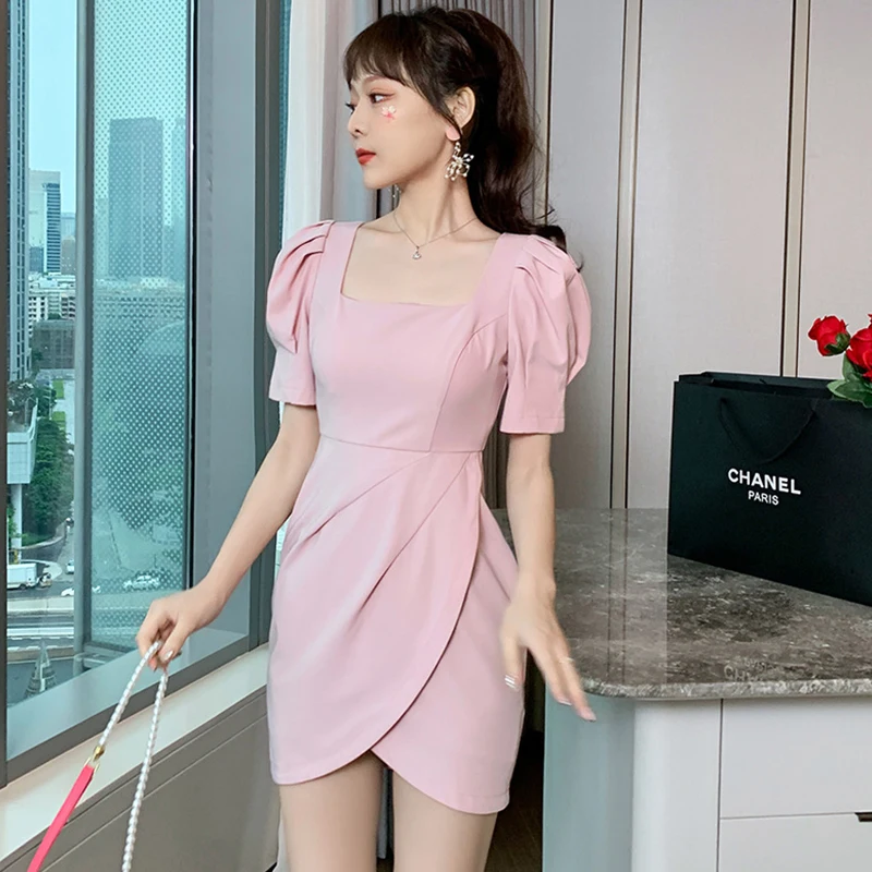 Fashion Korean Vintage Puff Sleeve Mini Party Dress Ladies Elegant Sexy Square Collar Folds Pink Asymmetrical Beach Short Dress