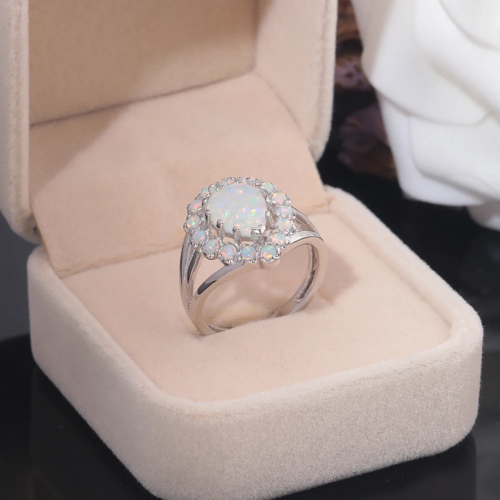 CiNily Created White Fire Opal Silver Plated Wholesale Hot Sell Fashion Party for Women Jewelry Ring Size 7 8 9 OJ6212