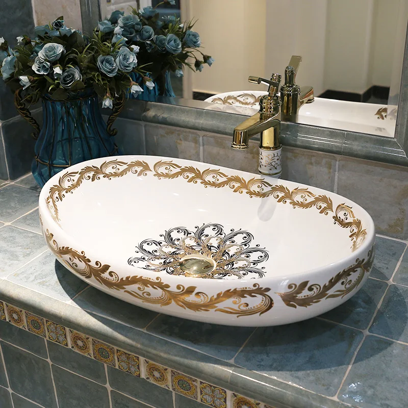 Oval Jingdezhen Bathroom ceramic sink wash basin Counter Top Wash Basin Bathroom Sinks white bathroom sink