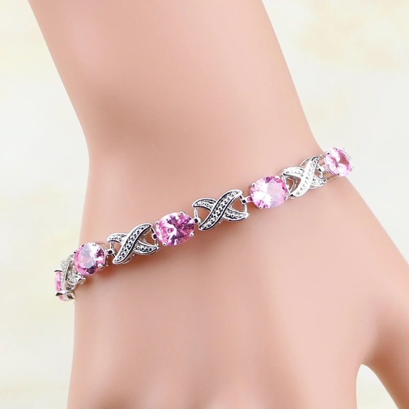 925 Sterling Silver Jewelry Mystic Pink Cubic Zirconia Chain & Link Bracelet Christmas Gifts For Women Free Gifts Box