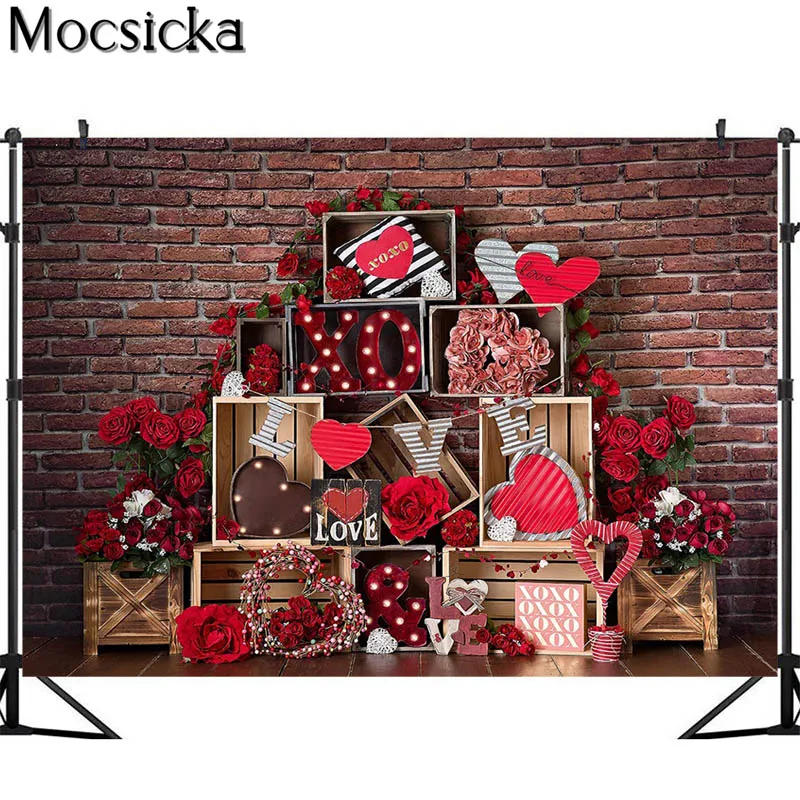 Mocsick Valentines Rot Ziegel Wand Fotografie Kulissen Rote Rose Blumen Liebe Decor Photo Booth Hintergrund Für Foto Studio