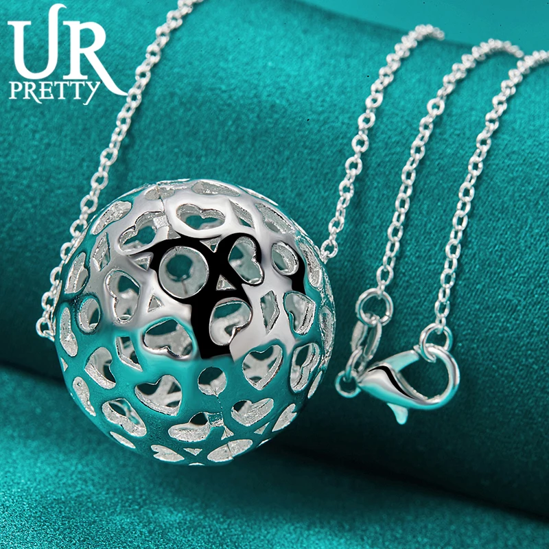 URPRETTY 925 Sterling Silver Hollow Exquisite Ball Pendant Necklace 16/18/20/22/24/26/28/30 Inch Snake Chain For Woman  Jewelry