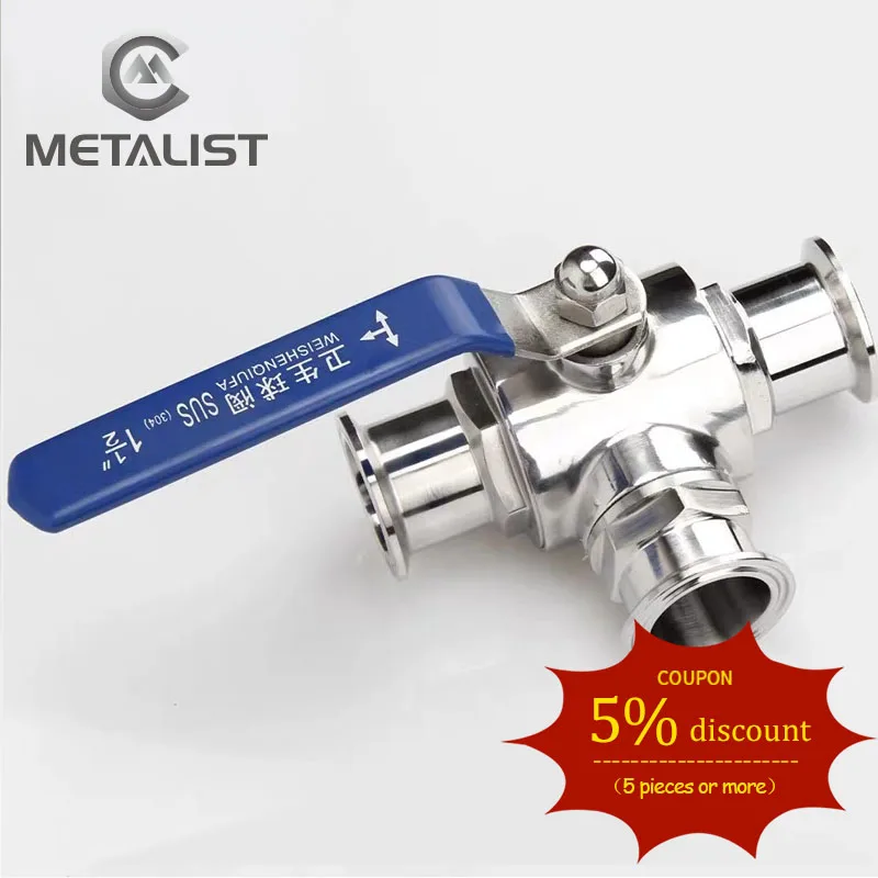 METALIST Pipe OD 51MM-89MM SS304 Or SS316L Stainless Steel Sanitary 3 Way Ball Valve T Port Ferrule Type Fit 2